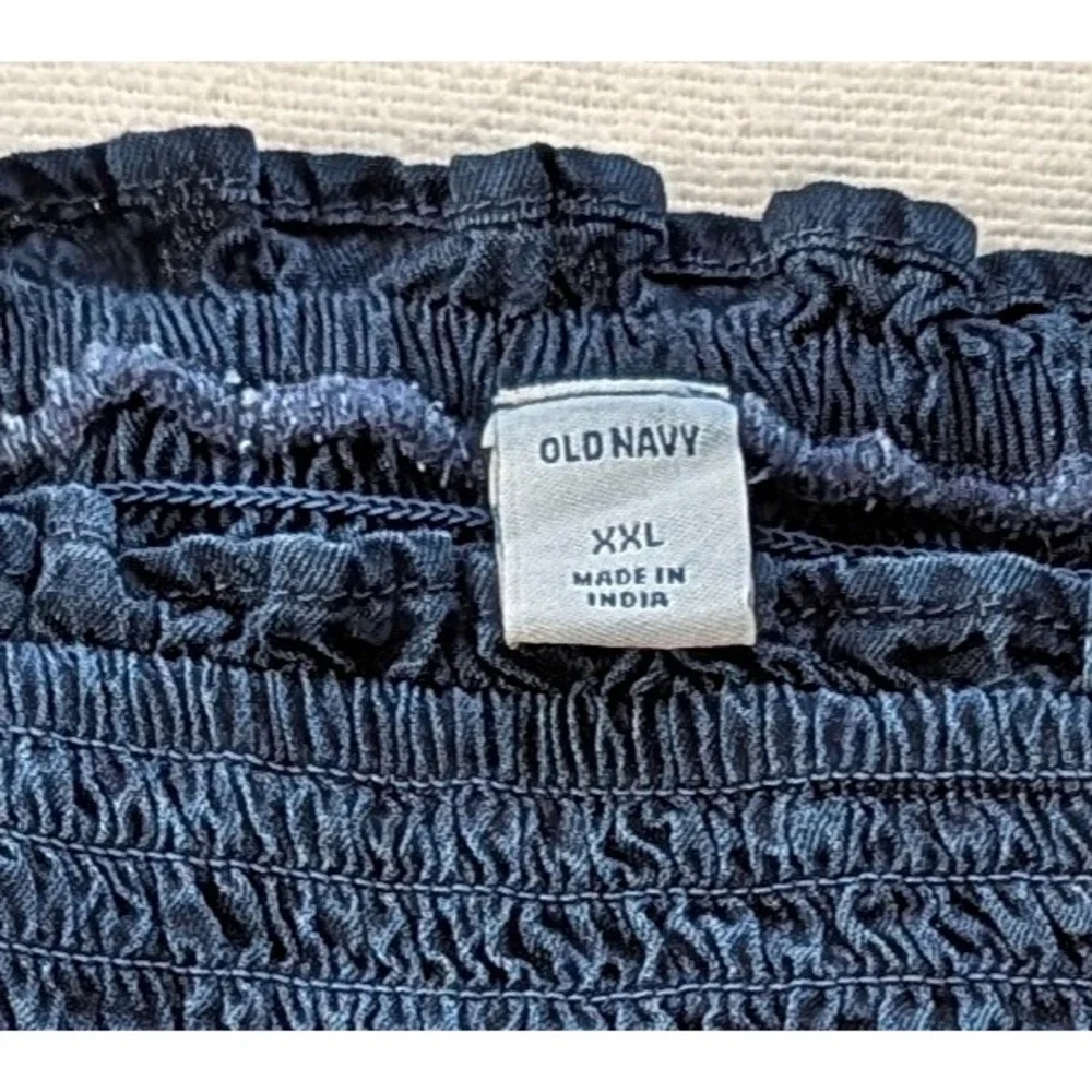 Old Navy XXL Dark Blue Smocked Peplum Top Puff Sleeve Lyocell Blouse Tope